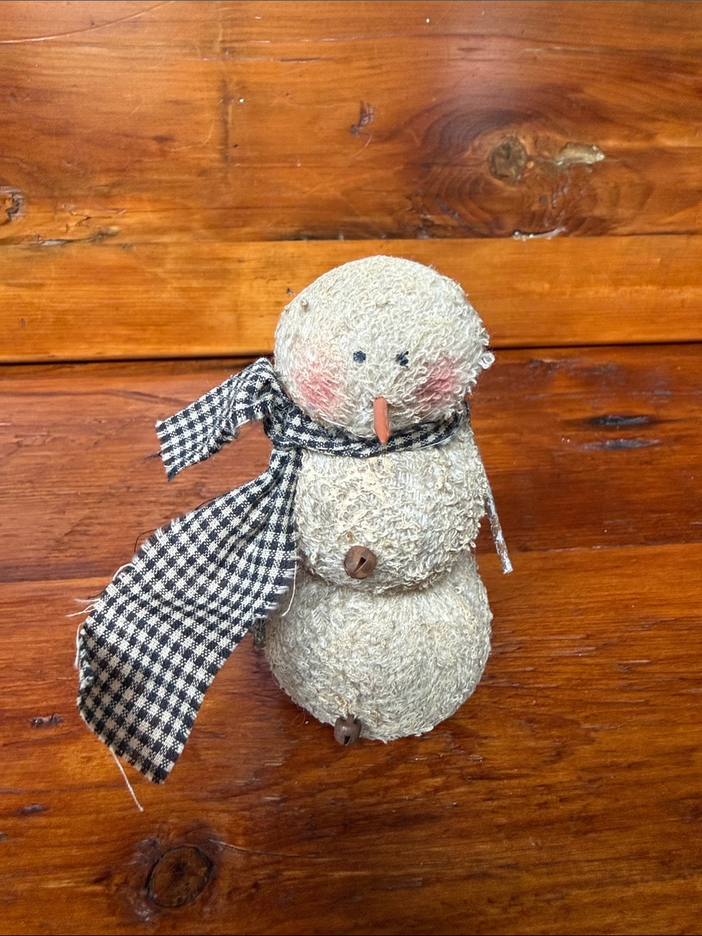 Handcrafted Country Cream Snowman Holiday Ornament with Black Plaid Scarf